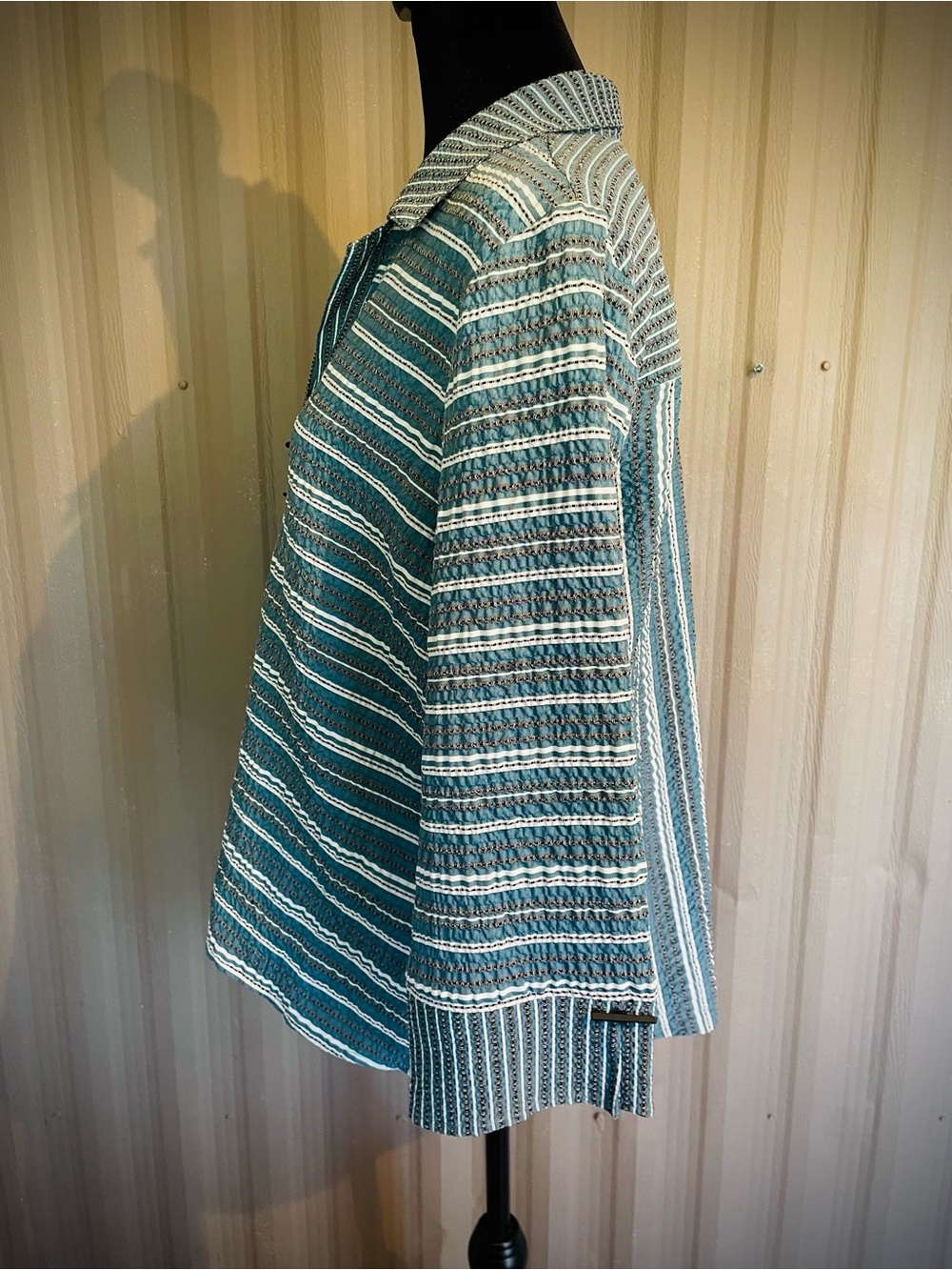 HABITAT Crinkle Gauzy Top Toggle Button Tunic Blouse Green Stripe Unique sz S - Picture 6 of 15